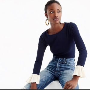 J.Crew Top Navy Blue Natural Ribbed Bell Sleeve Top Size Large NWT